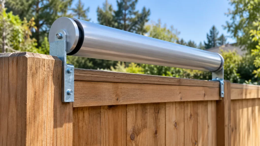 Roller to prevent coyote above fence