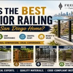 Featured image showing exterior railing options for San Diego homes, including aluminum, vinyl/PVC, wood, wrought iron, composite, and glass railings, with a coastal San Diego backdrop and Fred's Fencing Inc. logo highlighting durability, low maintenance, and coastal performance.