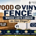 Side-by-side comparison of a natural wood fence and a white vinyl fence in a San Diego residential setting, highlighting lifespan, durability, maintenance, and long-term value with Fred's Fencing Inc. branding.
