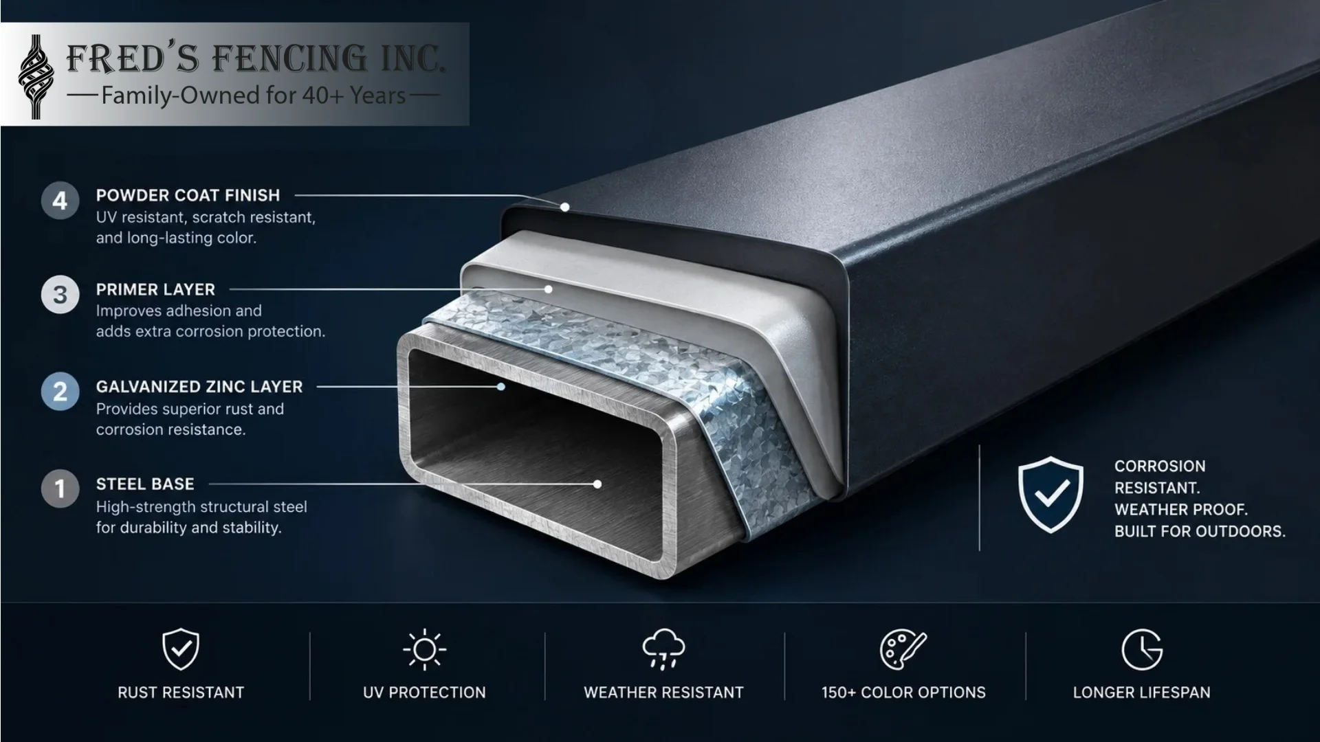 Cross-section of a powder coated galvanized steel tube showing the steel base, galvanized zinc layer, primer layer and powder coat finish