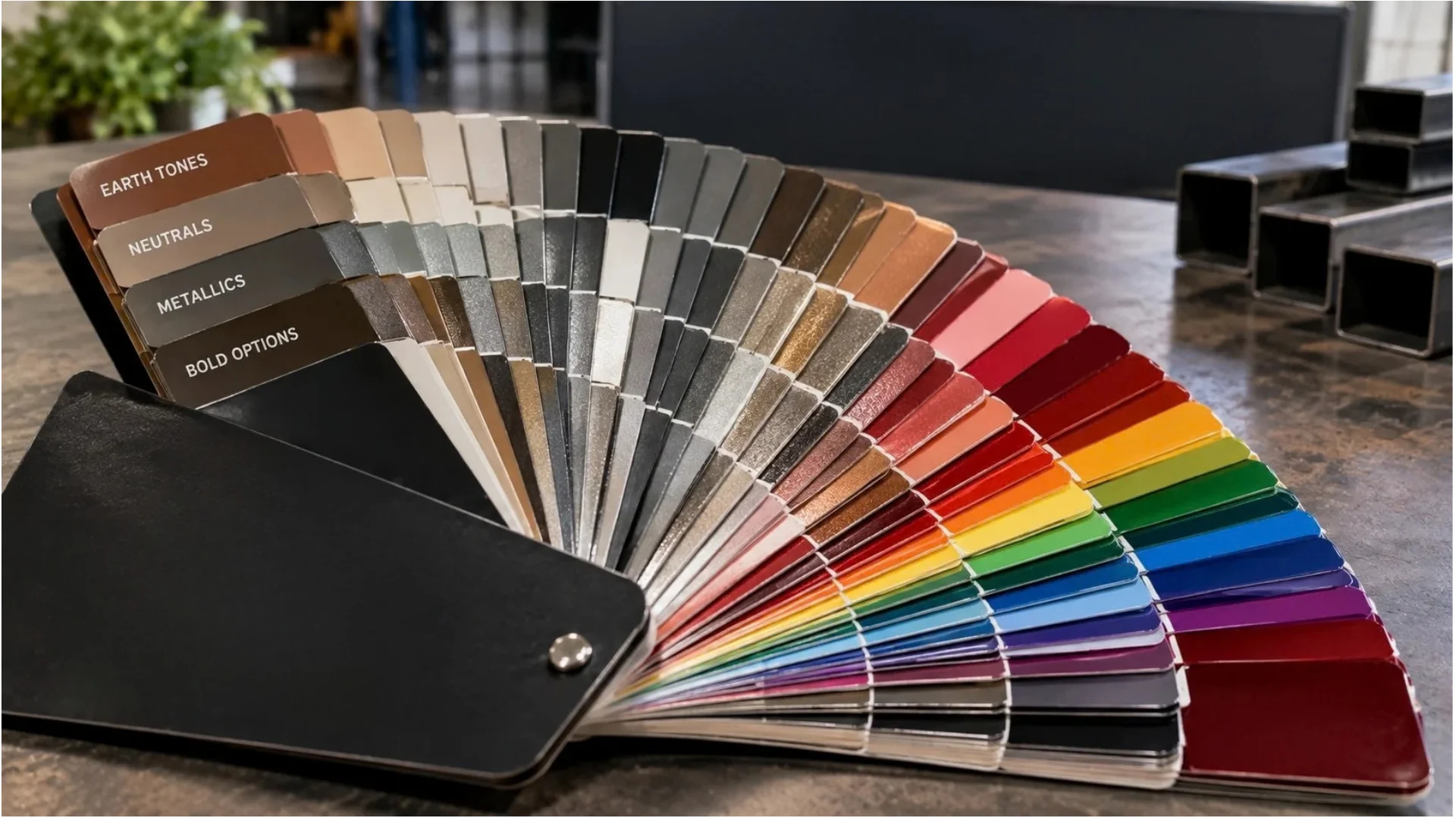 Powder coating color fan deck showing earth tones, neutrals, metallics and bold options for custom patio covers