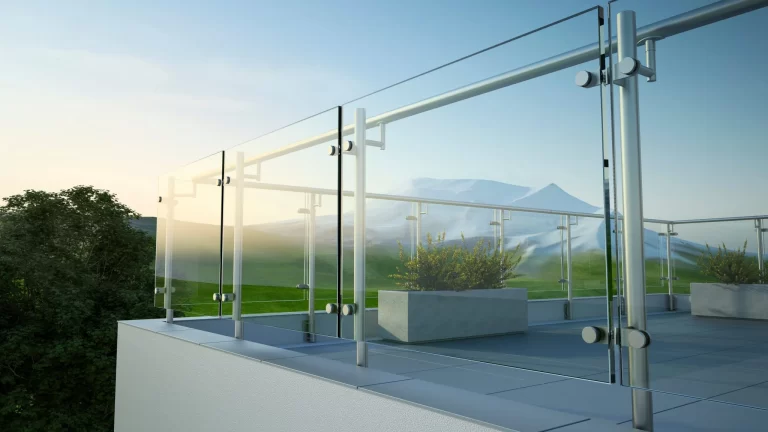 Rendering of glass panels held by slim stainless posts and clamps along a rooftop terrace