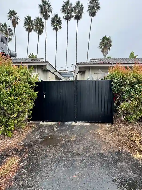 Solid black steel privacy gate across a residential driveway lined with palms