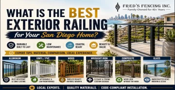 Featured image showing exterior railing options for San Diego homes, including aluminum, vinyl/PVC, wood, wrought iron, composite, and glass railings, with a coastal San Diego backdrop and Fred's Fencing Inc. logo highlighting durability, low maintenance, and coastal performance.