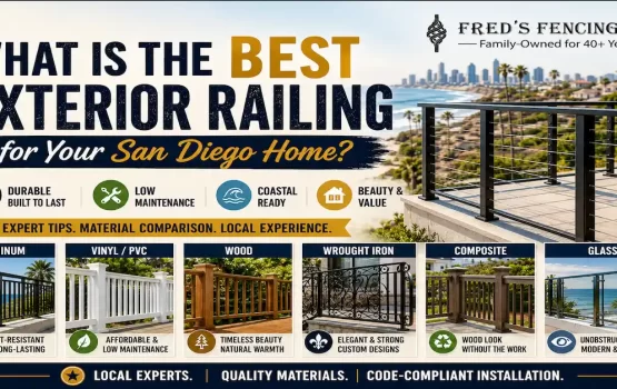 Featured image showing exterior railing options for San Diego homes, including aluminum, vinyl/PVC, wood, wrought iron, composite, and glass railings, with a coastal San Diego backdrop and Fred's Fencing Inc. logo highlighting durability, low maintenance, and coastal performance.