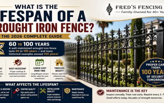 an elegant black wrought iron fence in front of a residential property, highlighting a 60–100 year lifespan, maintenance tips, durability benefits, and Fred's Fencing Inc. branding for homeowners considering long-lasting fencing solutions.