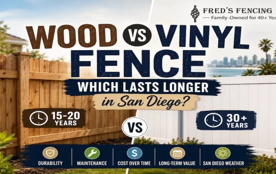 Side-by-side comparison of a natural wood fence and a white vinyl fence in a San Diego residential setting, highlighting lifespan, durability, maintenance, and long-term value with Fred's Fencing Inc. branding.